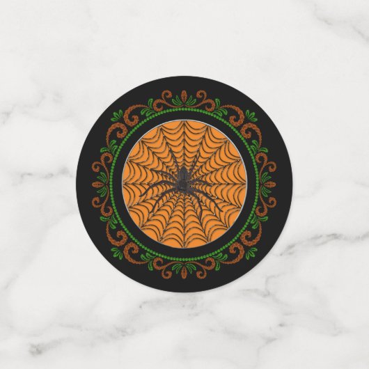 オレンジ色の緑のスパイダーウェブと黒のスパイダーハロウィン コンフェッティ (スモール正面)