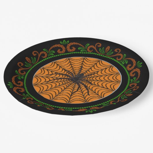 オレンジ色の緑のスパイダーウェブと黒のスパイダーハロウィン ペーパープレート (アングル)