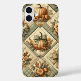 オレンジ色の緑のタンパッチワークの外観秋パターン iPhone 16 PLUSケース