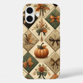 オレンジ色の緑のタンパッチワークの外観秋パターン iPhone 16 PLUSケース