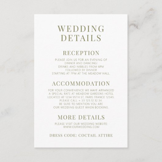 オレンジ色の緑のフローラの結婚素朴な詳細カード エンクロージャーカード (正面)