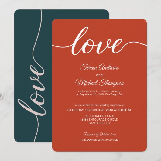 オレンジ色の緑のプライベート結婚式の披露宴 招待状 (正面/裏面)