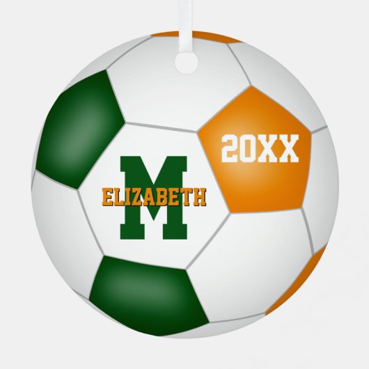 オレンジ色の緑の女の子の男の子チームカラーサッカー メタルオーナメント (裏面)