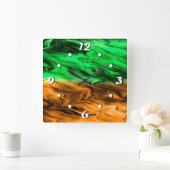 オレンジ色の緑の抽象芸術のぼやけた斑模様 スクエア壁時計 (ホーム)