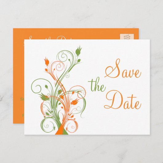 オレンジ色の緑の白いフローラがポストカードの日付を保存 案内ポストカード (正面/裏面)