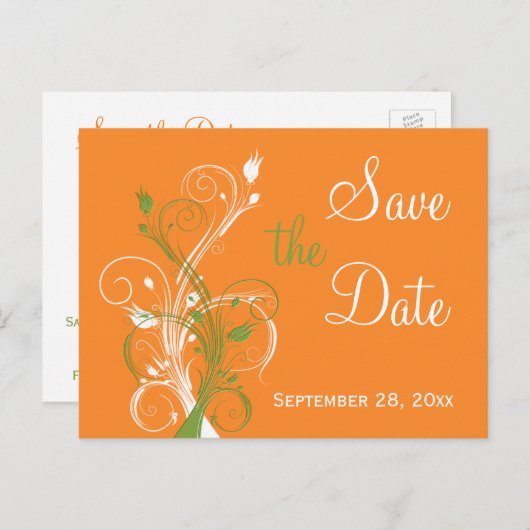 オレンジ色の緑の白いフローラがポストカードの日付を保存 案内ポストカード (正面/裏面)