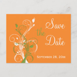 オレンジ色の緑の白いフローラがポストカードの日付を保存 案内ポストカード