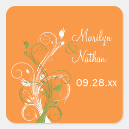 オレンジ色の緑の白いフローラ1.5インチ結婚のステッカー スクエアシール
