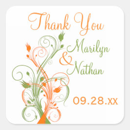 オレンジ色の緑の白いフローラ1.5インチ結婚のステッカー スクエアシール