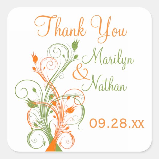 オレンジ色の緑の白いフローラ1.5インチ結婚のステッカー スクエアシール (正面)