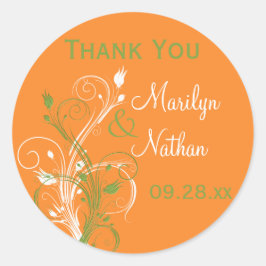 オレンジ色の緑の白いフローラ1.5インチ結婚のステッカー ラウンドシール