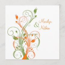 オレンジ色の緑の白いフローラSq.結婚式招待状