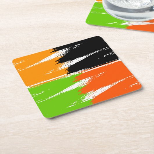 オレンジ色の緑の白黒ブラシストローク絵を描 スクエアペーパーコースター (アングル)