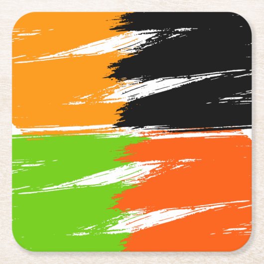 オレンジ色の緑の白黒ブラシストローク絵を描 スクエアペーパーコースター (正面)