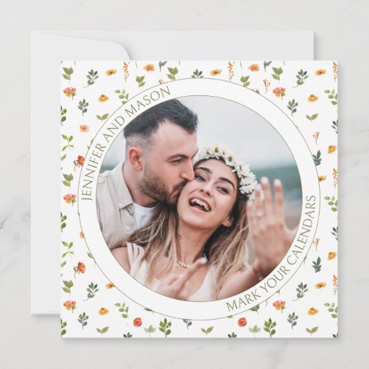 オレンジ色の緑の花のSave the Date写真招待状 (裏面)