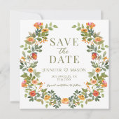 オレンジ色の緑の花のSave the Date写真招待状 (正面)