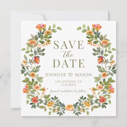 オレンジ色の緑の花のSave the Date写真招待状 (正面)