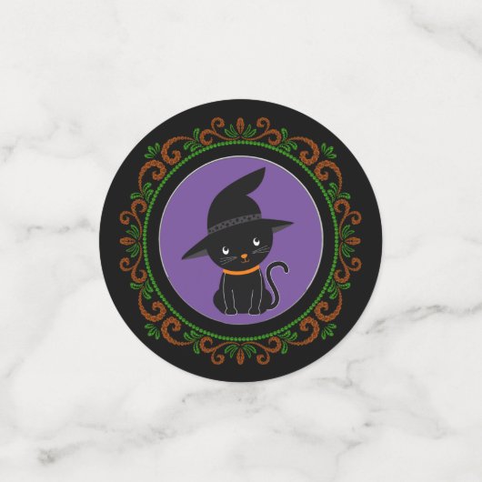 オレンジ色の緑の黒猫と魔女ハットハロウィン コンフェッティ (スモール正面)