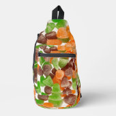 オレンジ色の緑色の赤いガム飴に砂糖を振りかけたもの スリングバッグ (正面)