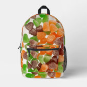 オレンジ色の緑色の赤いガム飴に砂糖を振りかけたもの プリントバックパック (正面)