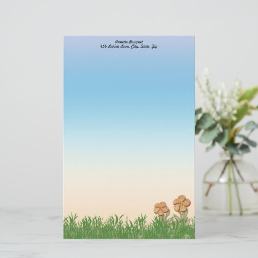 オレンジ色の縁取りバーラップのフラワーアートパーソナライズされた 便箋 (スタンド正面)