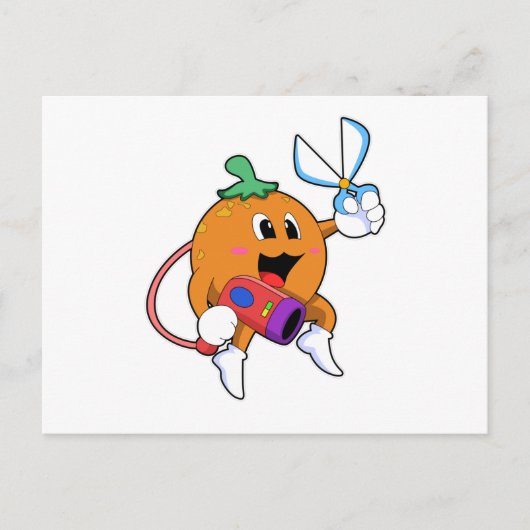 オレンジ色の美容師はさみとヘアドライヤー付き ポストカード (正面)