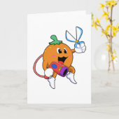 オレンジ色の美容師 はさみとヘアドライヤー付き カード (黄色い花)