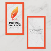 オレンジ色の羽根ペンのロゴ | ホワイトマーブル 名刺 (正面/裏面)