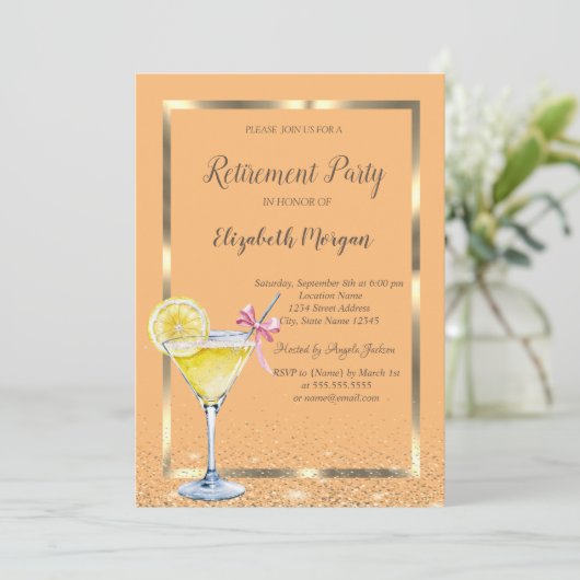 オレンジ色の背景にコクテールとレモンのエレガントな金フレームとコンフェッティ 招待状 (スタンド正面)