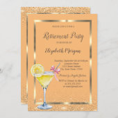 オレンジ色の背景にコクテールとレモンのエレガントな金フレームとコンフェッティ 招待状 (正面/裏面)