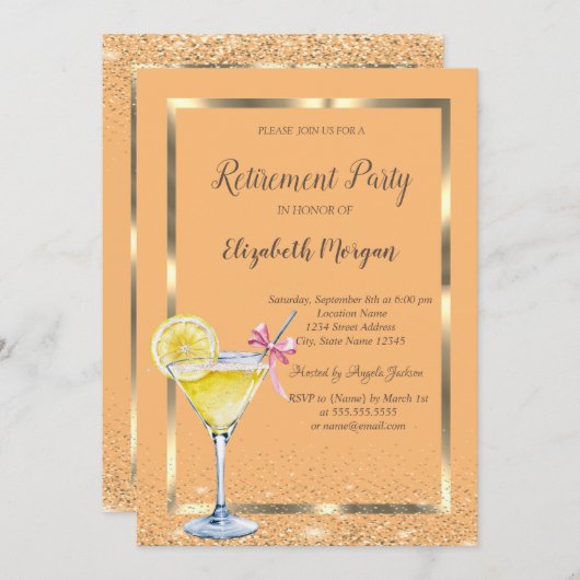 オレンジ色の背景にコクテールとレモンのエレガントな金フレームとコンフェッティ 招待状 (正面/裏面)