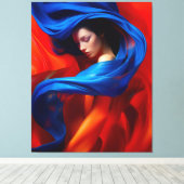 オレンジ色の背景にコバルトブルーのベールを付けた女性 キャンバスプリント (インサイチュ (ウッドフロア))