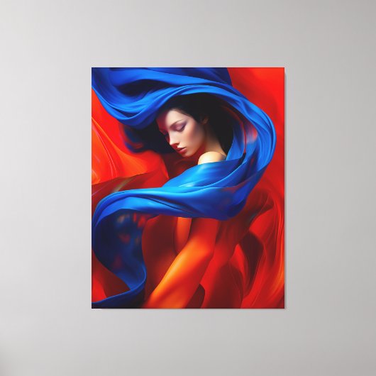 オレンジ色の背景にコバルトブルーのベールを付けた女性 キャンバスプリント (正面)