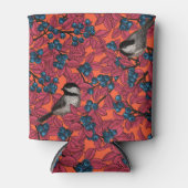 オレンジ色の背景にブルーベリーの枝に止まるヒヨドリの鳥 缶クーラー (正面)