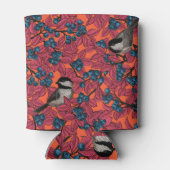 オレンジ色の背景にブルーベリーの枝に止まるヒヨドリの鳥 缶クーラー (裏面)