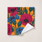 オレンジ色の背景に赤いポピーと青いコーンフラワー バスタオルセット (ウォッシュタオル)