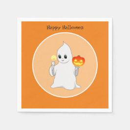 オレンジ色の背景のかわいいハロウィンの幽霊とかぼちゃ スタンダードカクテルナプキン