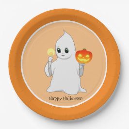 オレンジ色の背景のかわいいハロウィンの幽霊とかぼちゃ ペーパープレート