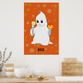 オレンジ色の背景のかわいいハロウィンの幽霊とかぼちゃ ポスター (キッチン)