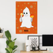 オレンジ色の背景のかわいいハロウィンの幽霊とかぼちゃ ポスター (ホームオフィス)
