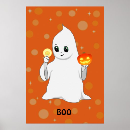 オレンジ色の背景のかわいいハロウィンの幽霊とかぼちゃ ポスター (正面)