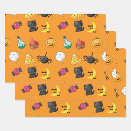 オレンジ色の背景のキュートなハロウィーンパターン ラッピングペーパーシート