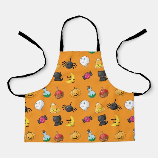 オレンジ色の背景を持つ可愛いハロウィンパターン エプロン (正面)