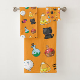 オレンジ色の背景を持つ可愛いハロウィンパターン バスタオルセット