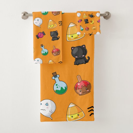 オレンジ色の背景を持つ可愛いハロウィンパターン バスタオルセット (インサイチュ)