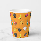 オレンジ色の背景を持つ可愛いハロウィンパターン 紙コップ (裏面)