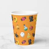オレンジ色の背景を持つ可愛いハロウィンパターン 紙コップ (正面)
