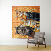 オレンジ色の背景キルト4匹の猫 タペストリー (インサイチュ)