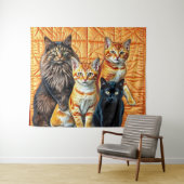 オレンジ色の背景キルト4匹の猫 タペストリー (インサイチュ(横))