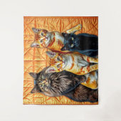 オレンジ色の背景キルト4匹の猫 タペストリー (正面)
